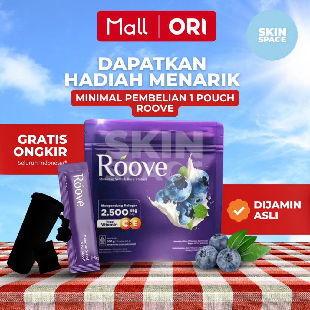 Roove Collagen Rasa Blueberry 1 Pouch Isi 20 Sachet | Minuman Kolagen untuk Kecantikan Sendi, Kulit,