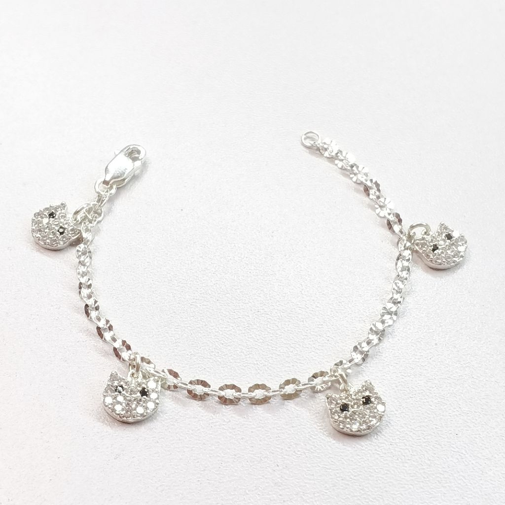 Gelang Rantai Anak Model Hello Kitty Permata Perak Asli Silver 99/925 Lapis Emas Putih/Gelang Anak K