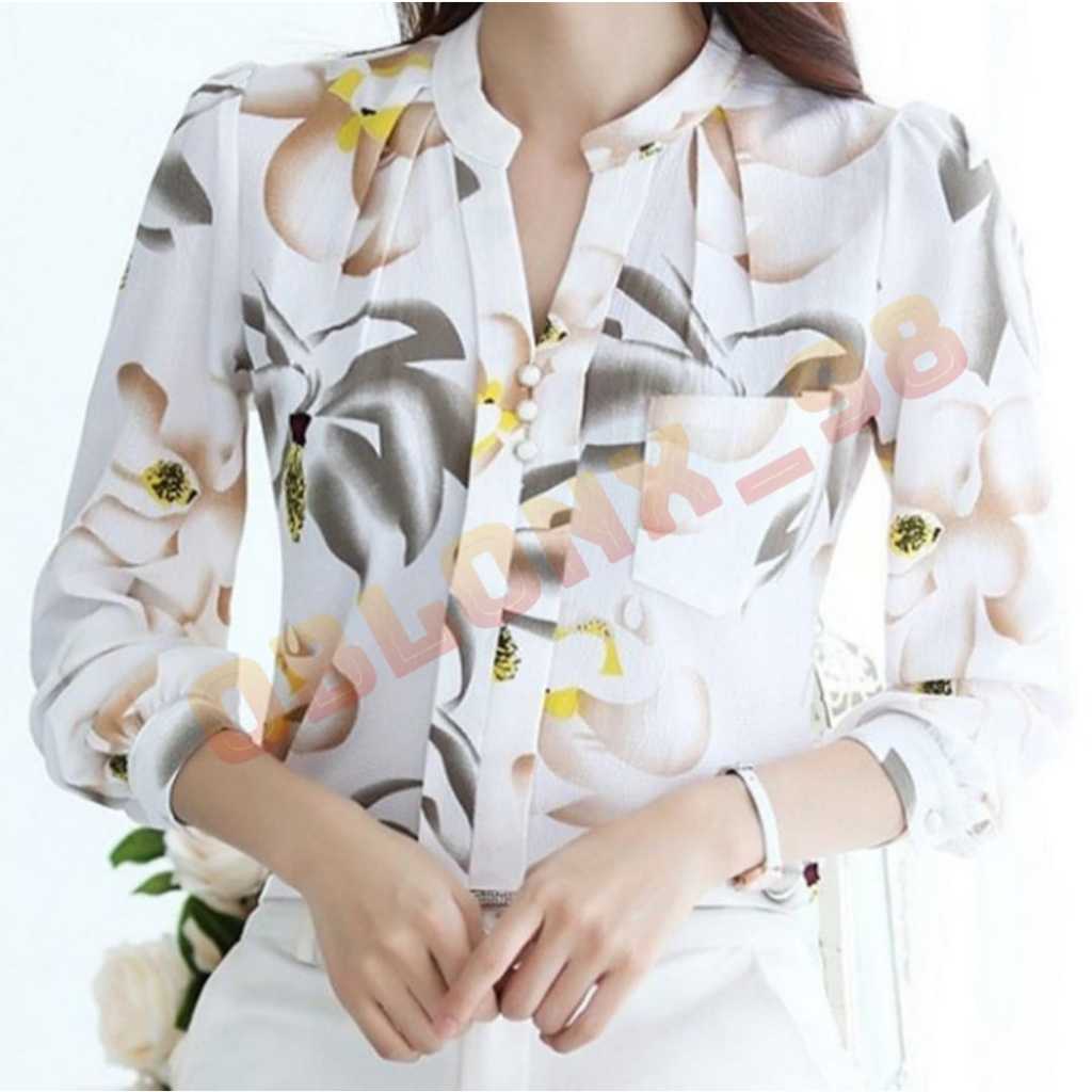 Kemeja Lengan Panjang Motif Bunga Fashion Blus V-Neck Kerah Sanghai Kemeja Kantor Wanita Saku Dada