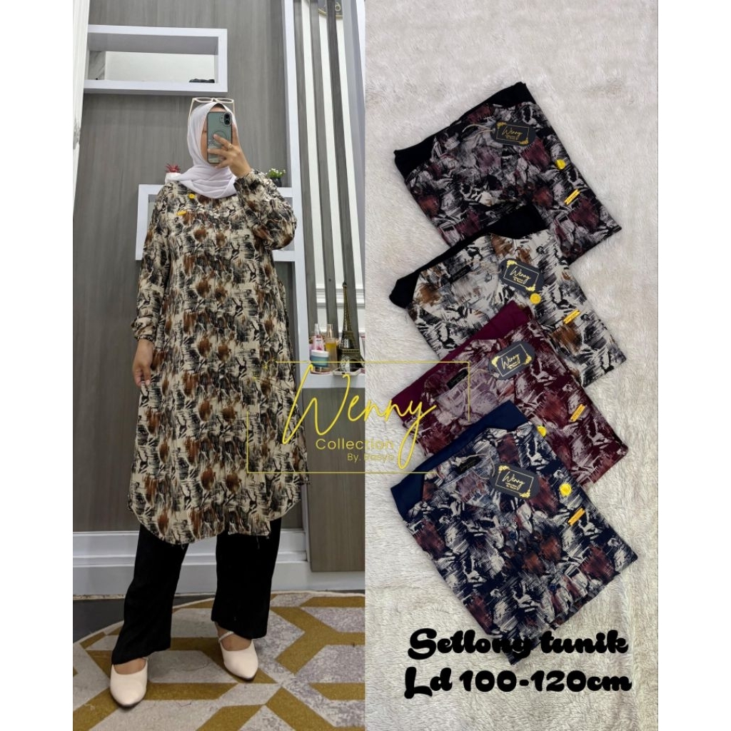 SETELAN LONG TUNIK RAYON KOMBINASI TWILL MOTIF KOTAK ABSTRAK