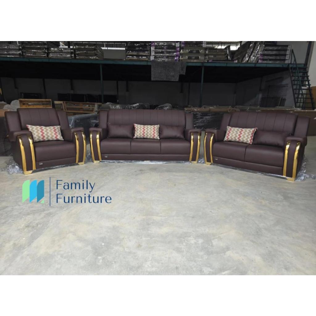 Sofa 3 2 1 Coklat Tua List Emas + Meja Marmer White (MT 418)