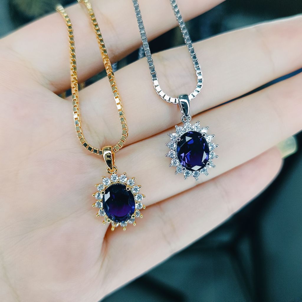 Kalung liontin blue sapphire Diana premium