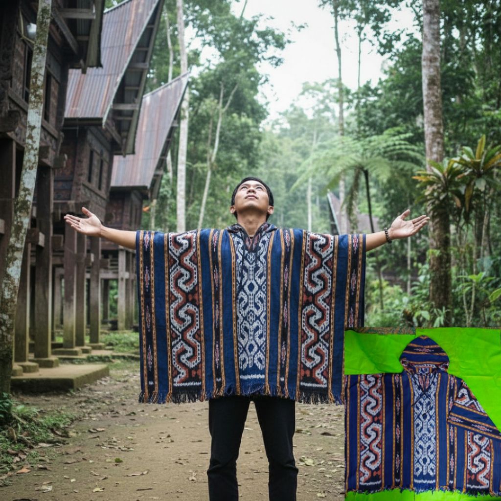 Tenun Etnik Hoodie Poncho