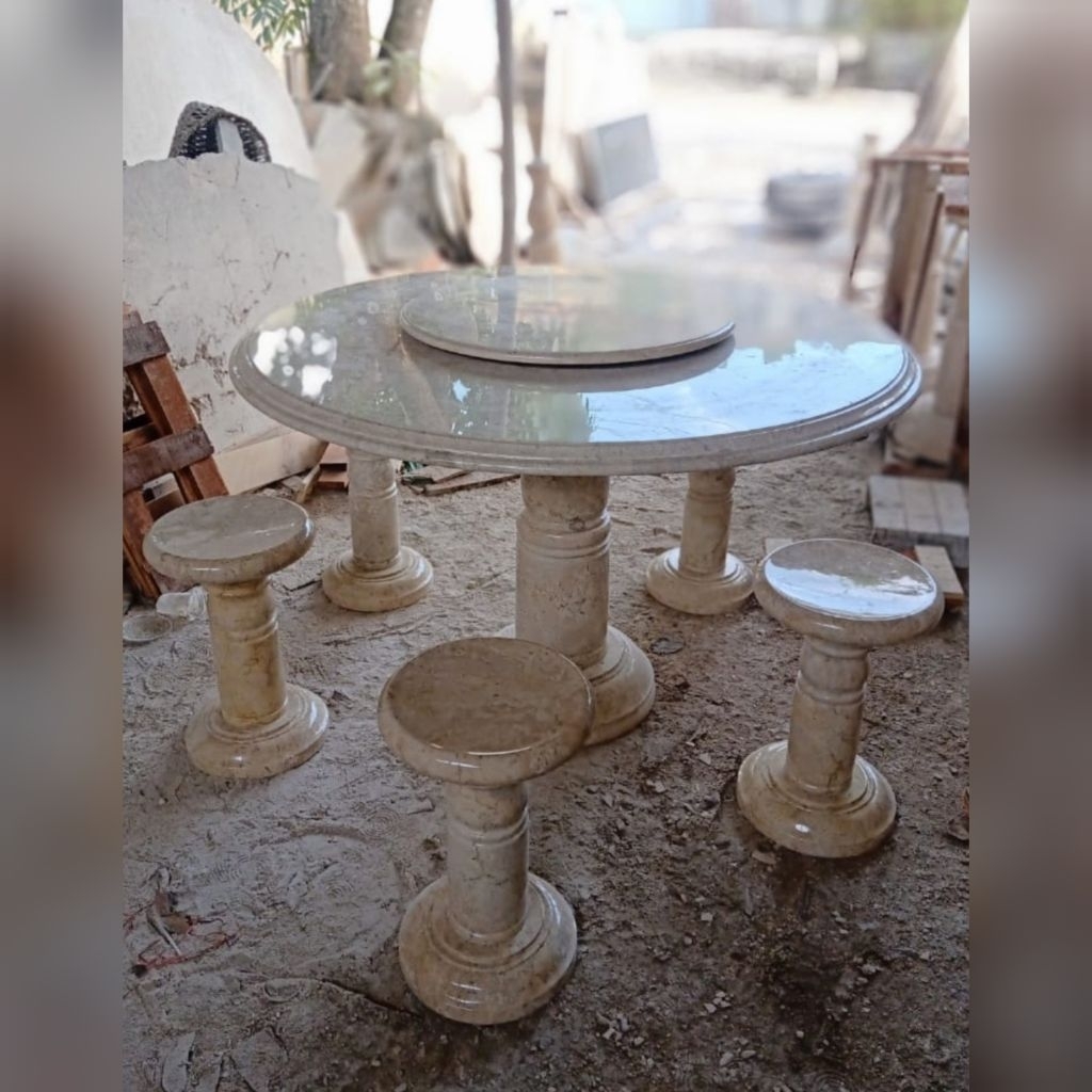 Meja Makan Bulat Putar Marmer + 5 Kursi ( bisa custom )