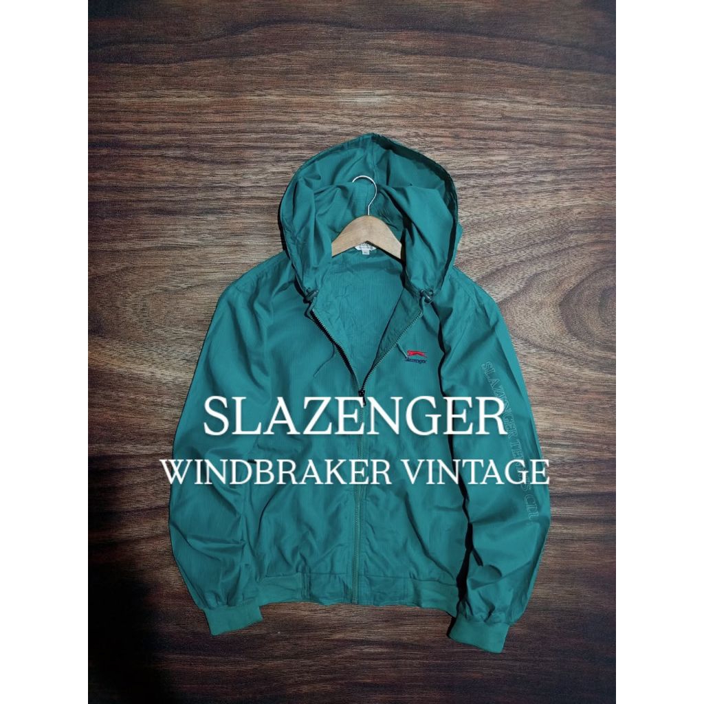 JAKET SLAZENGER TENIS WINDBRAKER VINTAGE SATU LAYER ART BORDIR PRIA/UNISEX SECOND PRELOVED