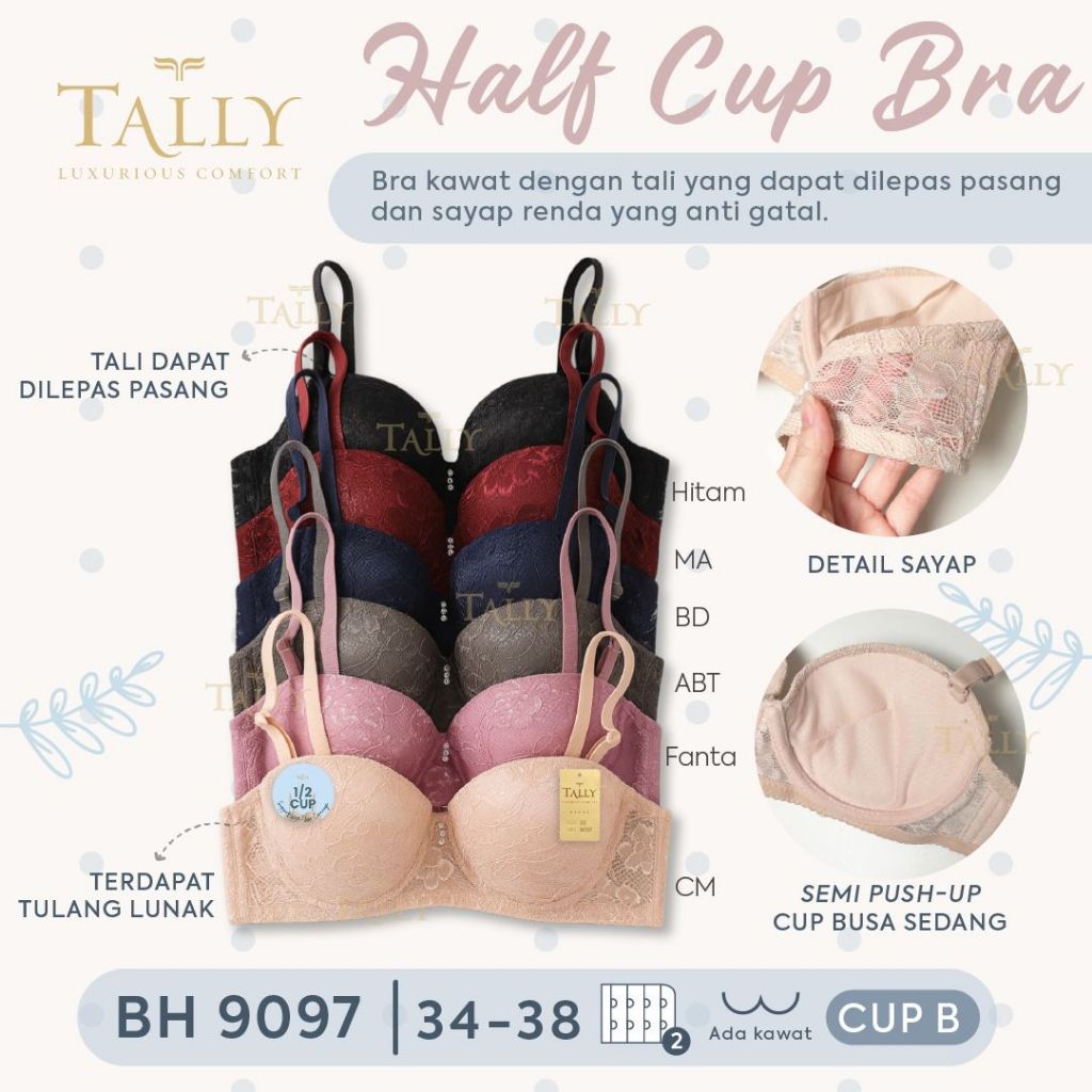 Bh Bra Tally 9097 , 933 Cup B (34-38) Kait 2 Brukat 1/2 Cup Half Cup | Busa Sedang Berkawat |kj
