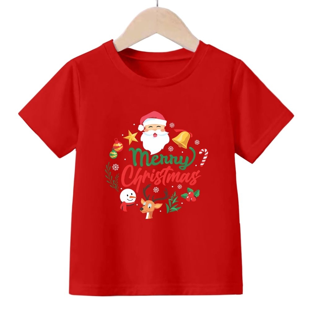 Baju Kaos Natal Anak Laki Laki Perempuan 2-12 Tahun Lengan Pendek Merry Christmas