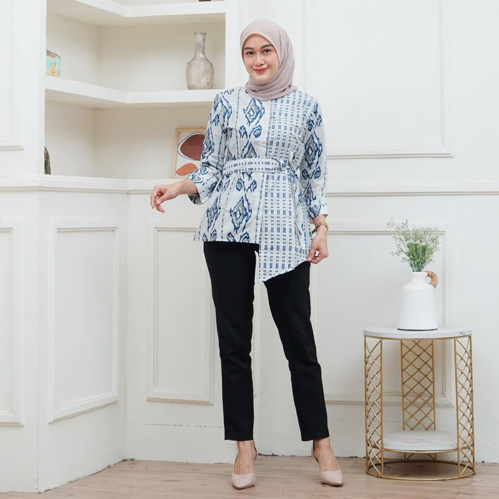 Batik Kerja Premium Motif Songket Atasan Batik Wanita Modern Lengan Panjang Kombinasi