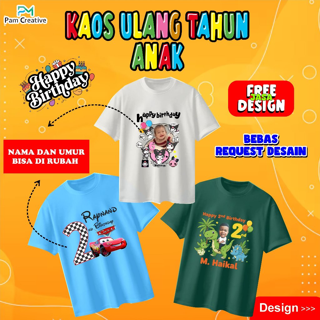 Kaos Ulang tahun anak custom karakter Kaos Ultah karakter foto anak bebas request desain kaos ultah 