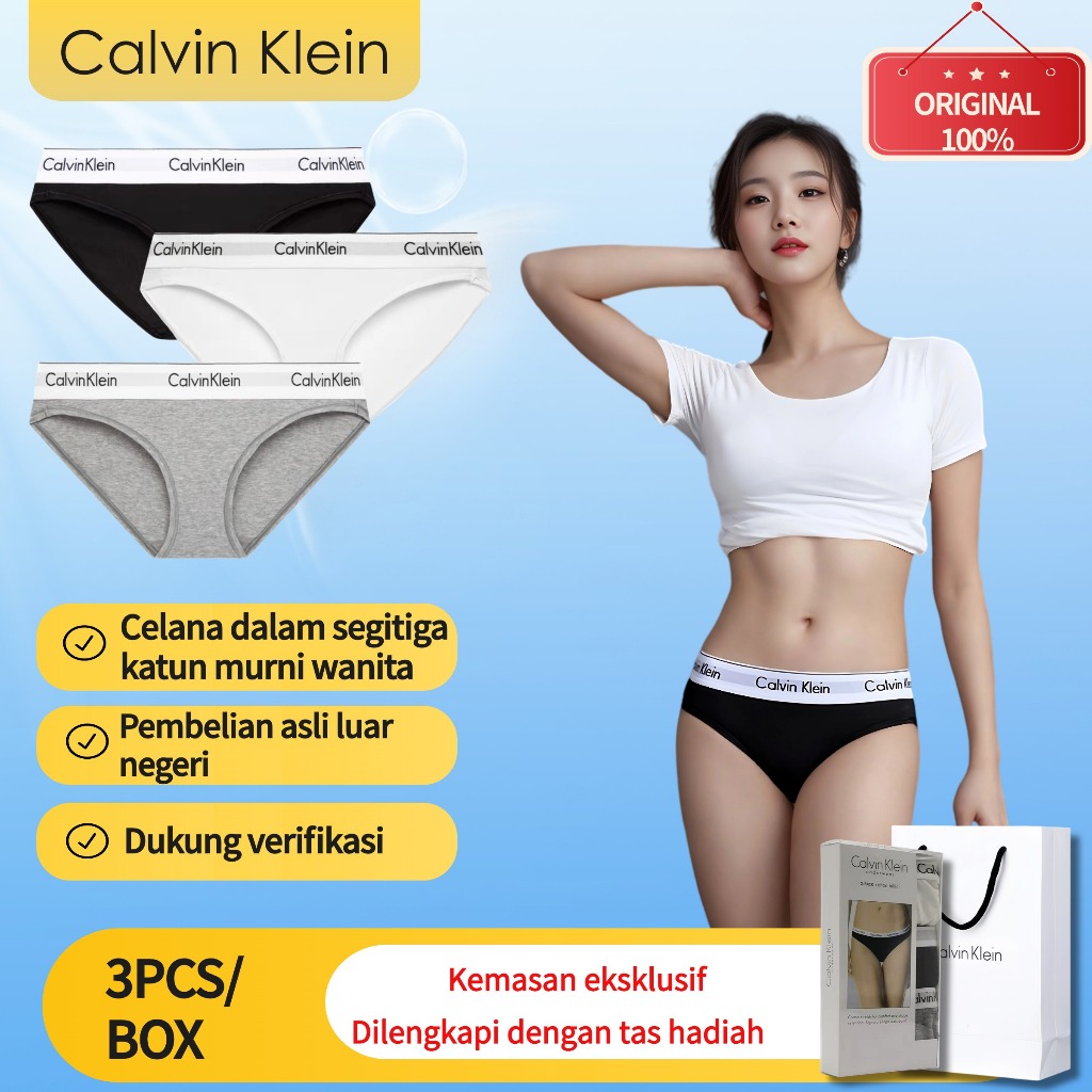 Celana dalam wanita Calvin Klein asli model segitiga katun murni antibakteri bernapas bikini-paket 3