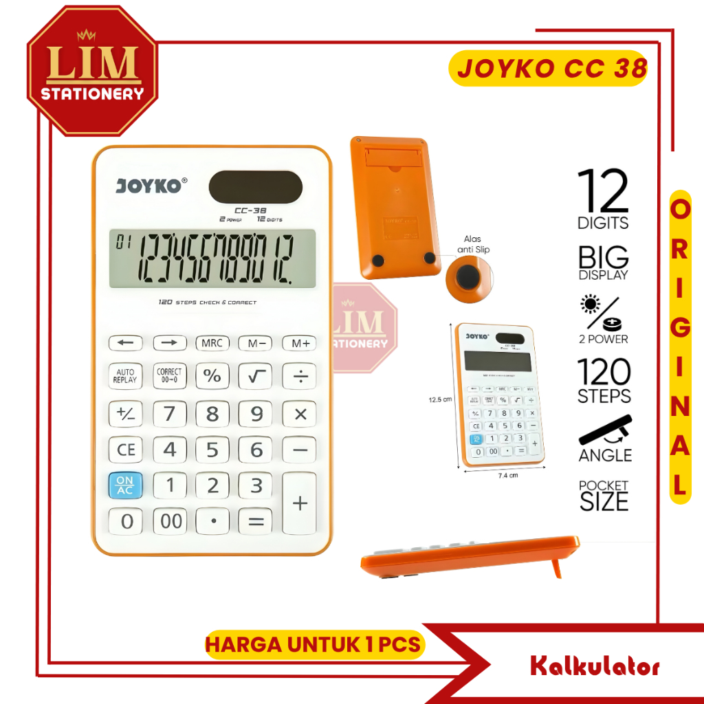 (1 PCS) Kalkulator CC-38 JOYKO Calculator Kecil - Kalkulator Bisnis & Dagang 12 Digits 2 Power
