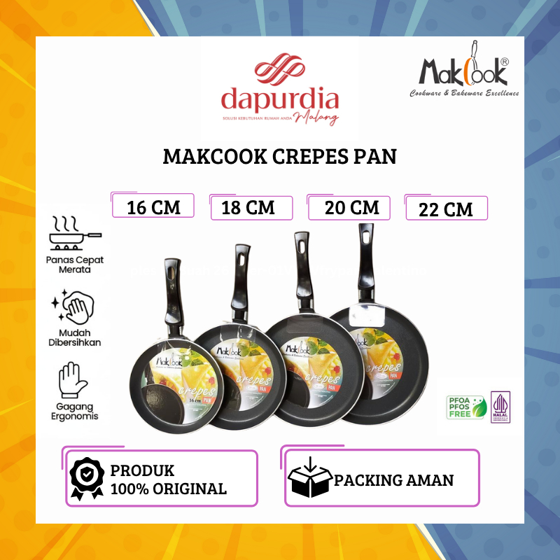Makcook Crepes Pan 16 cm 18 cm 20 cm 22 cm Wajan Teflon Kulit Crepes Risol Datar Anti Lengket - DML