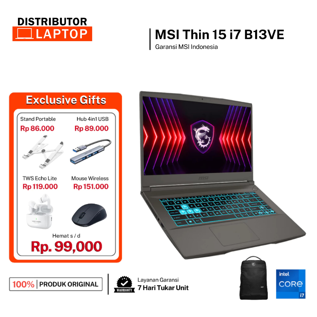 MSI Thin 15 i7 B13UC INTEL CORE I7 13620H RTX3050 16GB 512GB W11 144HZ - LAPTOP GAMING GAME