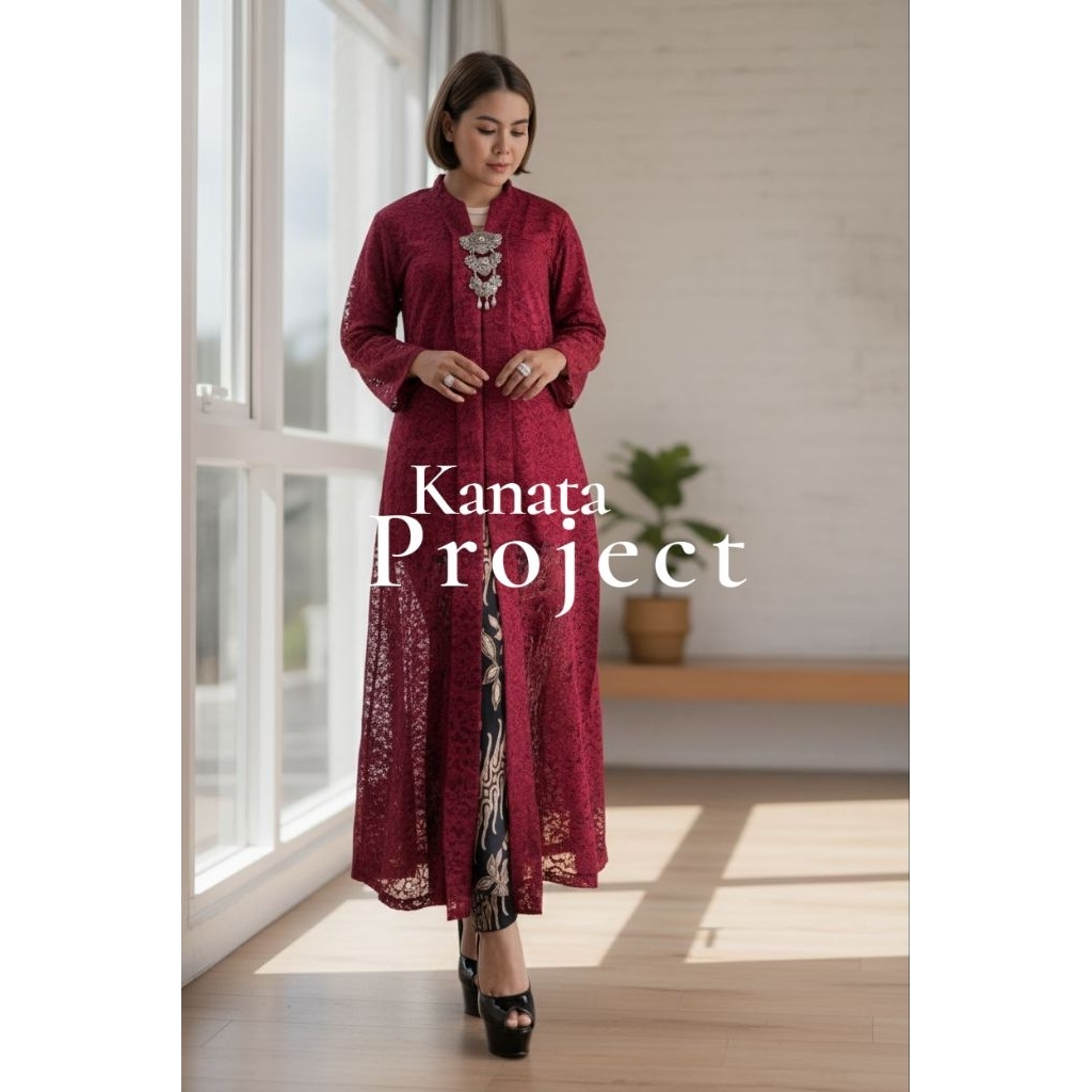 Setelan Kebaya Modern Long Tunik Model FLoy //Kebaya Brokat Busui Resleting Depan