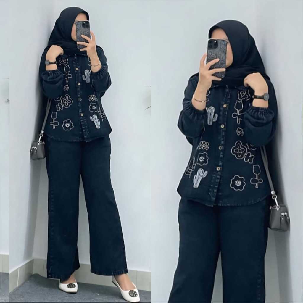 KAKTUS SET /SETELAN jeans bordir  , setelan full jeans , setelan soft jeans terbaru , ootd wanita ke