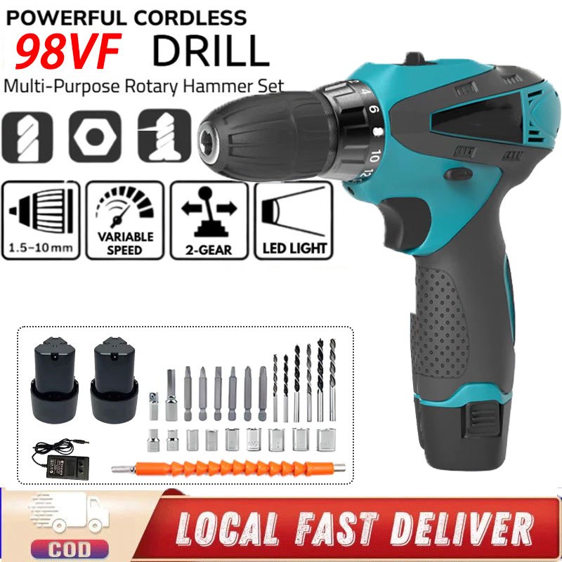 Mesin Bor Baterai Tangan 98VF Impact Wrench Bor Listrik set lengkap Bor cas multifungsi Bor mini Bor