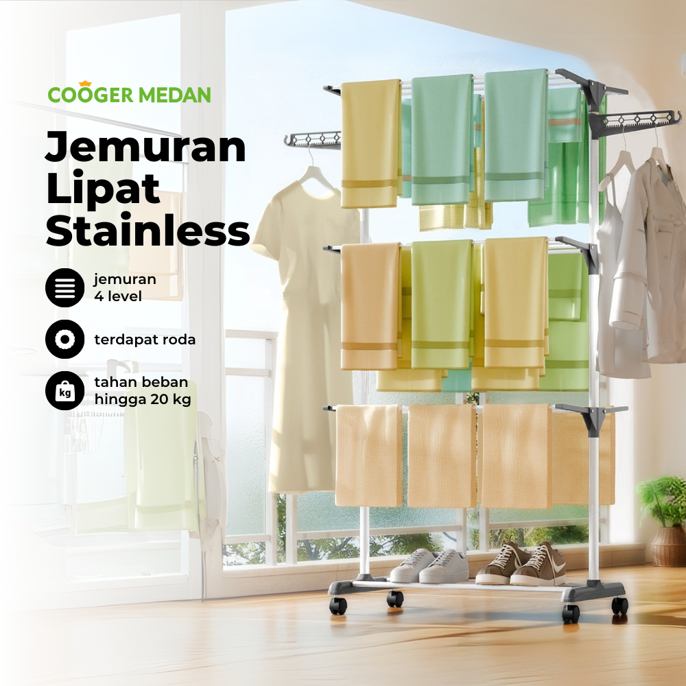 COOGER MEDAN Jemuran Baju Lipat Stainless Steel - Rak Jemuran Kuat Awet dan Anti Karat untuk Pakaian