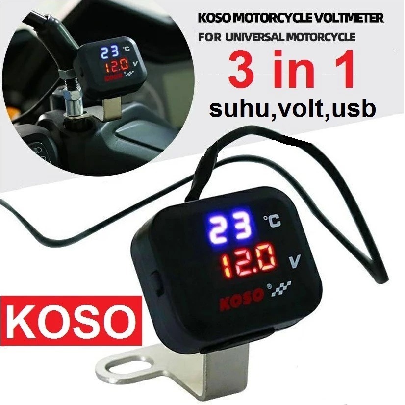 Voltmeter Koso 3in1 Pengukur Alat Ukur Tegangan Aki Suhu Digital Jam dengan USB Charger 12V 24V Wate