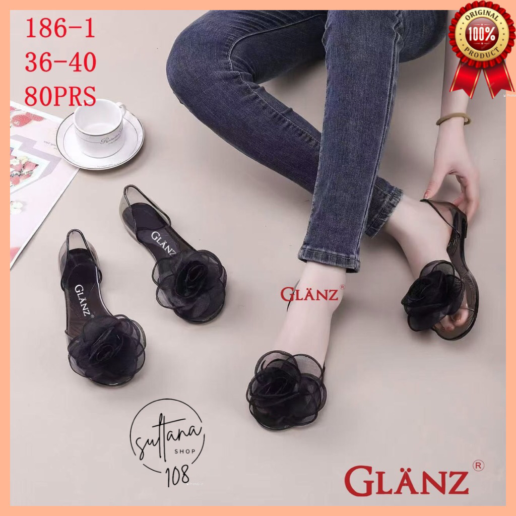 Sepatu Jelly Glanz 186-1 Sepatu Flat Jelly Transparan MAWAR HITAM ORGANZA Terbaru