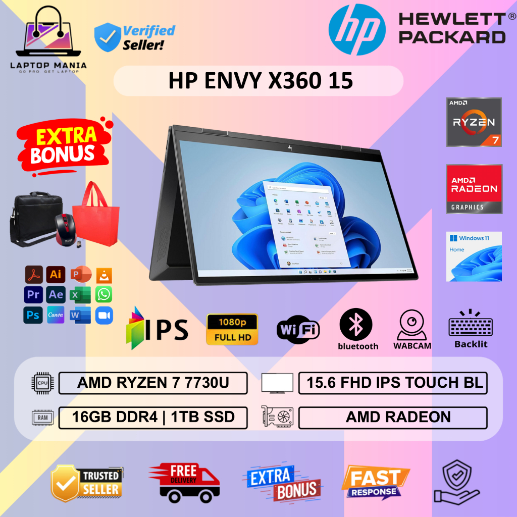 Laptop HP Envy X360 Ryzen 7 7730U 16GB 1TB 15.6 FHD IPS Touchscreen Win11Home