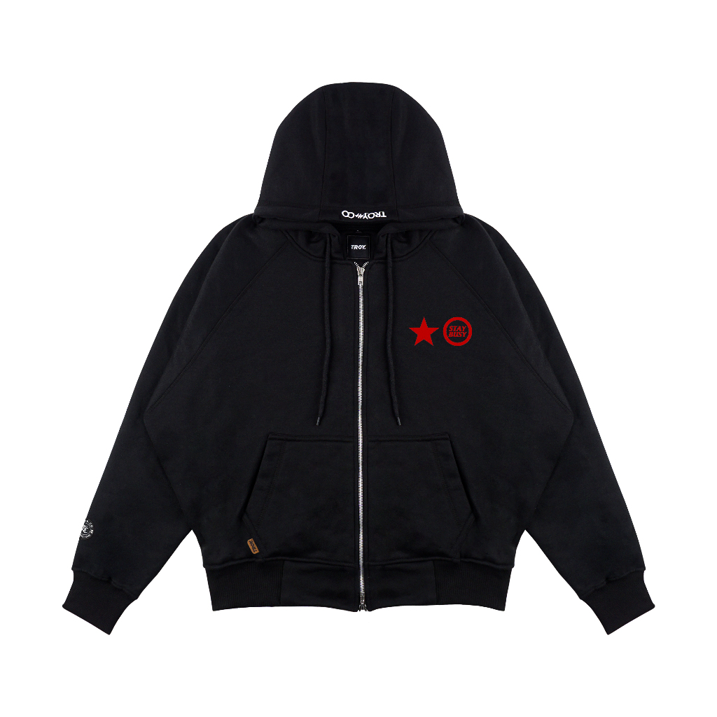 Troy Company Hoodie Boxy Raglan Double Slider Zip Black Chromed- Hoodie Hitam ZDSH 3365