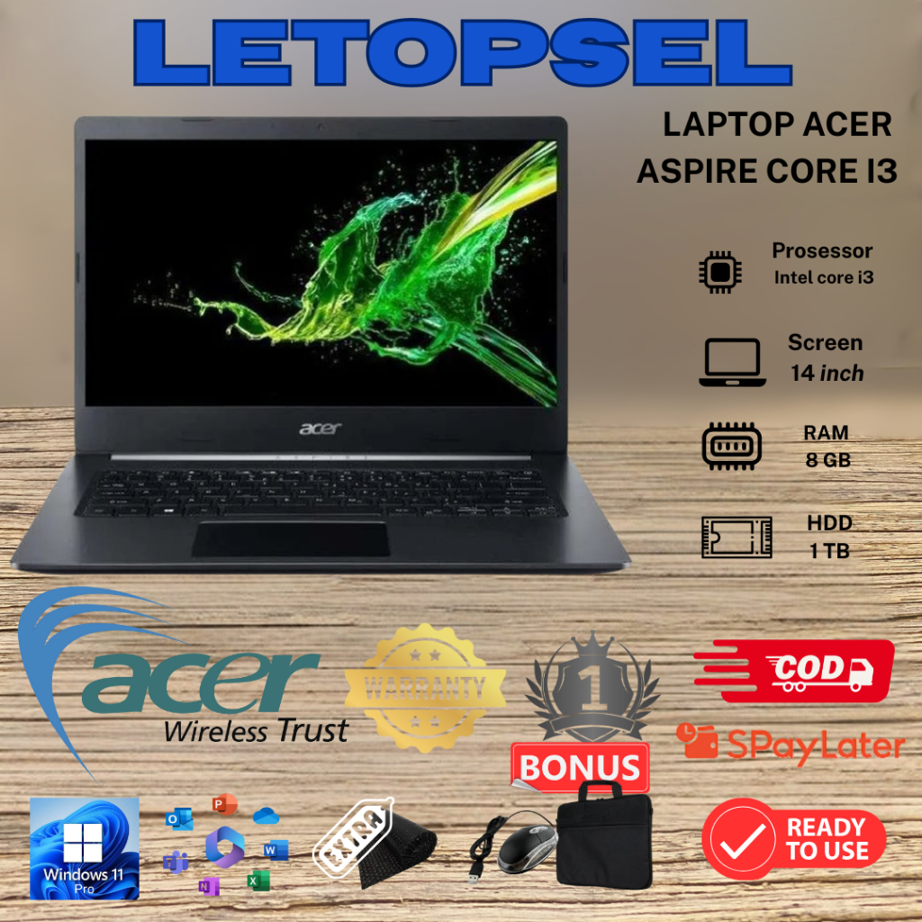 LAPTOP Acer Aspire Core i3/ RAM 8GB /HDD 1TB/BONUS TAS LAPTOP & MOUSE