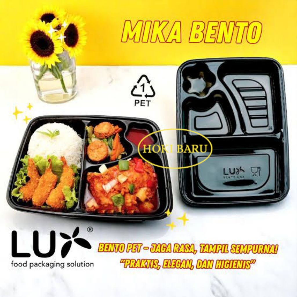 (25 PCS) MIKA BENTO HITAM / KOTAK MAKAN PLASTIK 4 SEKAT / BENTO BOX BINTANG PLASTIK SEKAT KOTAK MAKA