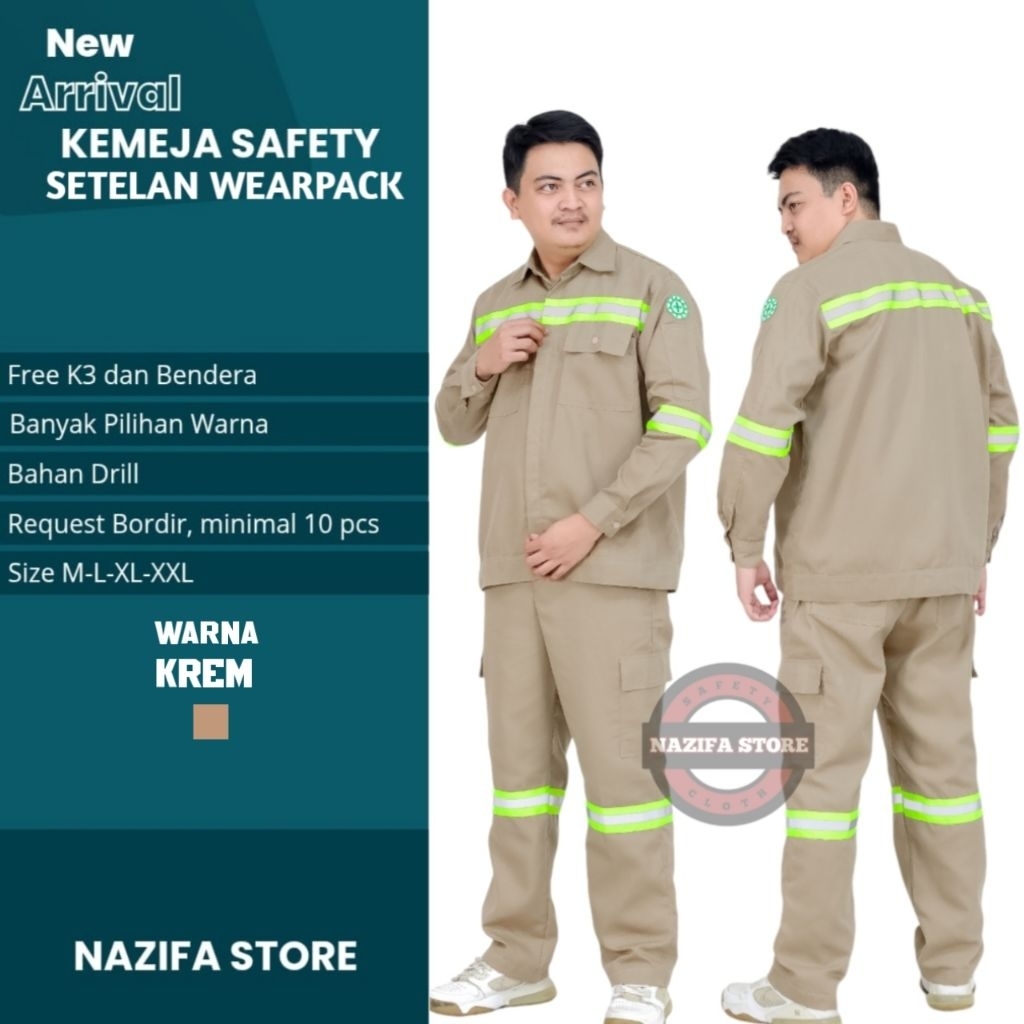 setelan wearpack safety baju kerja lapangan proyek bengkel tambang kontruksi warna krem