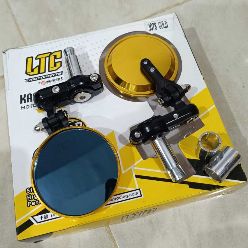 (COD) (HARGA SEPASANG) SPION JALU BULAT FULL CNC GOLD KACA BIRU LTC 3078 UNIVERSAL / LIPAT STANG BAR