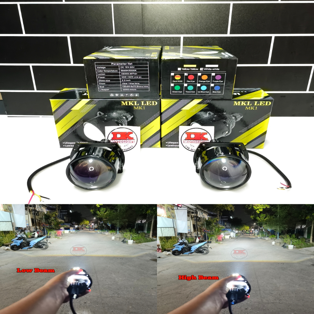 MKL MK1 Gen 2 Projector BiLED 2.5 Inch Motor Mobil Headlamp Blue Lens + Devil Eyes Super Terang