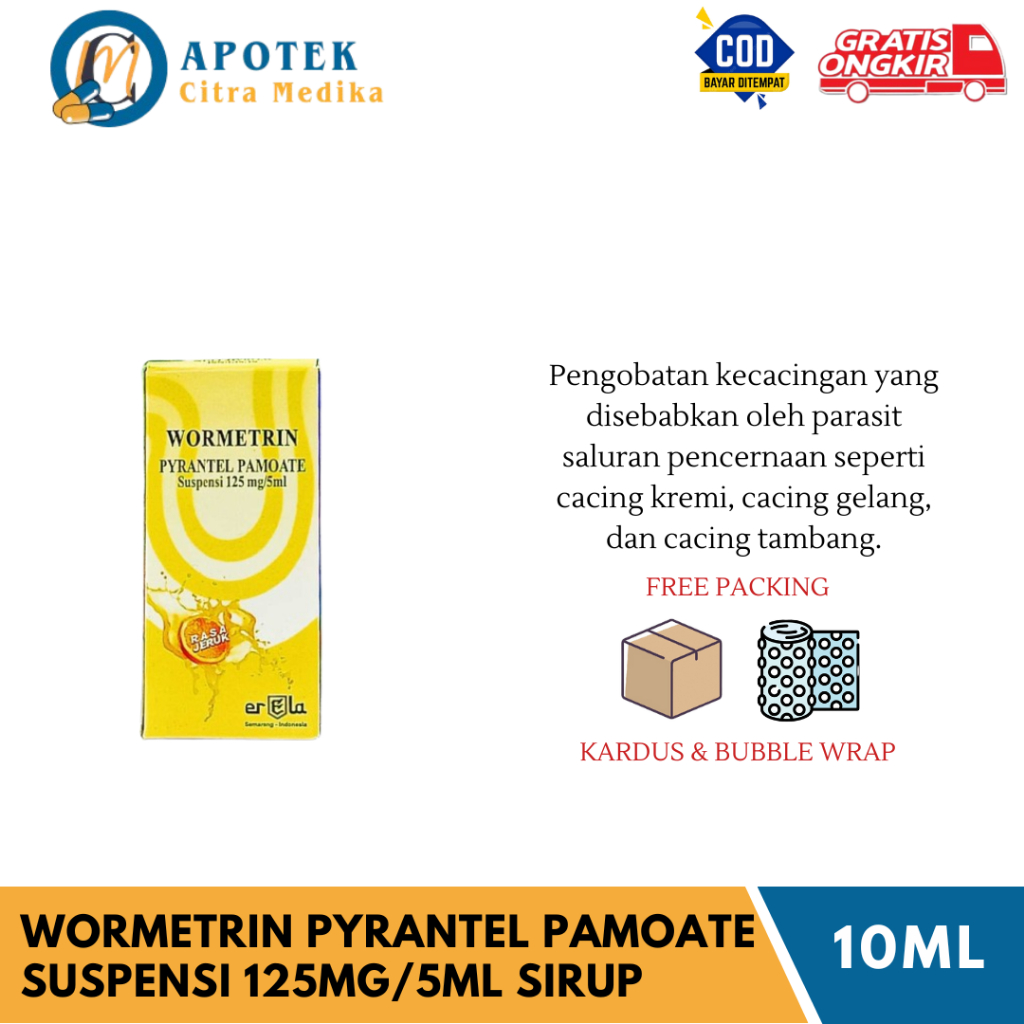 WORMETRIN PYRANTEL PAMOATE SUSPENSI (125MG/5ML SIRUP 10ML) RASA JERUK - OBAT CACING UNTUK ANAK