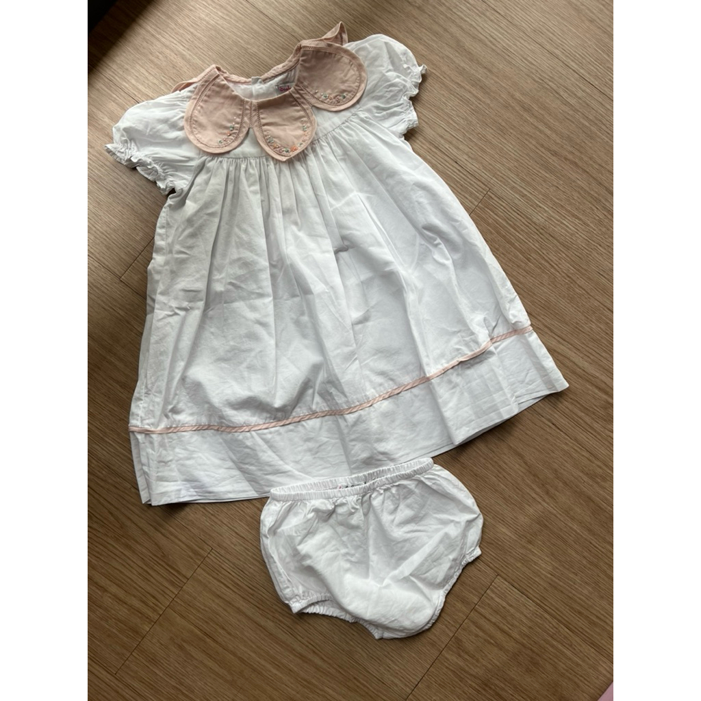 Set Dress & Bloomers Sophie&Lucas Size 24M / 2Tahun Warna Peach & White Handmade