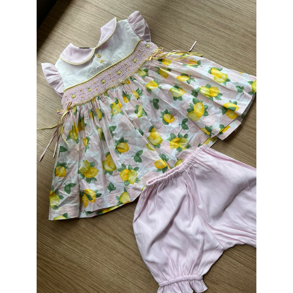 Pretty Originals Hand Smocked Dress + Bloomers Corak Lemon Size 12M / 1 Tahun