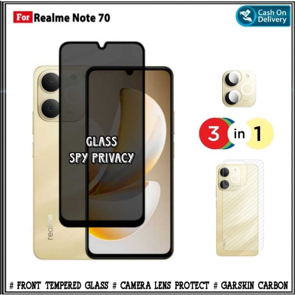 Paket 3 in1 Tempered Glass Realme Note 70 4G 60 4G 50 4G Anti Spy PRIVACY Pelindung layar Free Camer