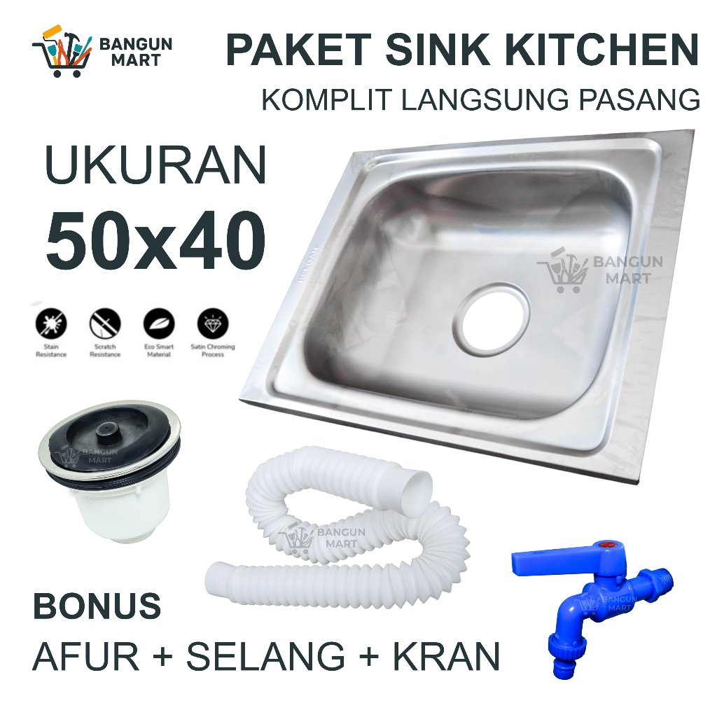 PAKET LENGKAP TERMURAH Bak cuci piring Kitchen sink 50x40cm Bonus Kran tembok pvc ANTI KARAT Komplit
