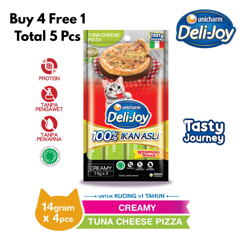 [Buy 1 Free 1] Unicharm Deli-Joy Creamy Tuna Cheese Pizza Snack Kucing 14gr x 4pcs | Nyammy Snack Ca