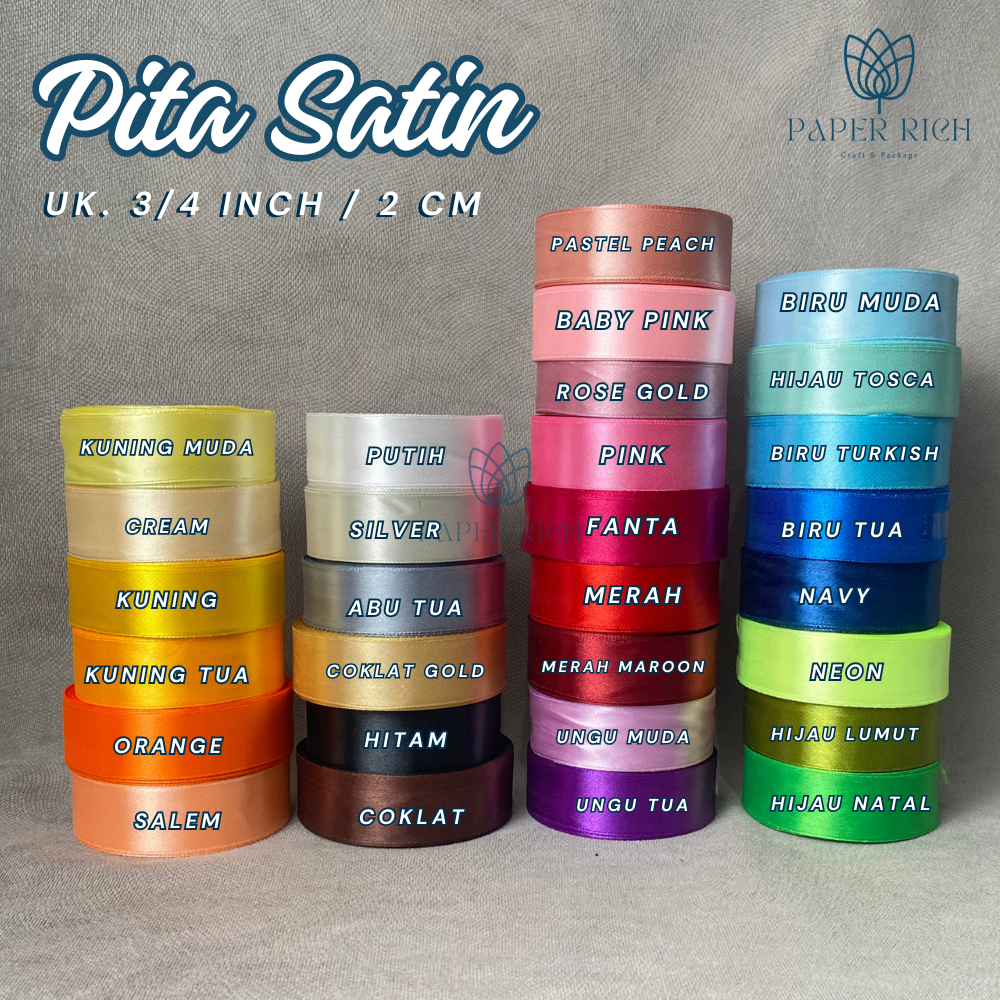 Pita Satin 3/4 inch/2 cm Pita Roll 20 Yards (18 METER) Pita Kain Satin dekorasi Kado Gift Paper Rich