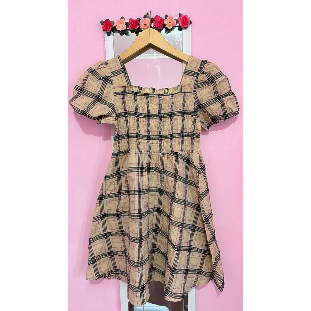 DRESS MINI BALON MOTIF BURBERRY KOTAK KOREANSTYLE SMOKE
