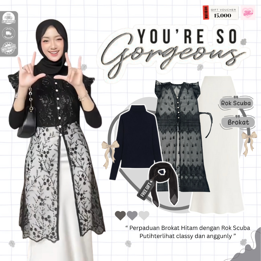 ZUNA One Set Kondangan ( Inner Manset + Brokat Outher + Rok Duyung ) Ootd Kondangan Remaja Kekinian 