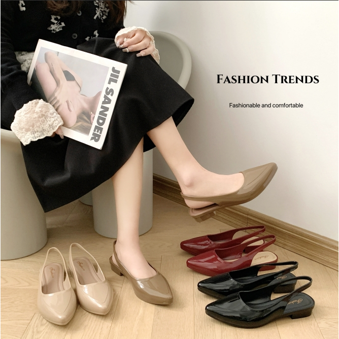 Sepatu Kerja Wanita Glossy Hitam Mewah Kekinian Flat Shoes Sendal Karet Jelly Melangkah Collection S