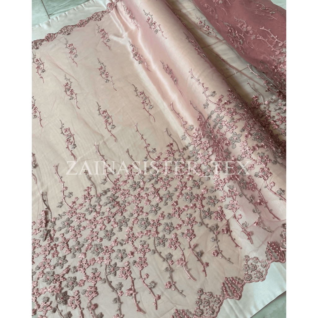 Kain Brokat Tile Embroidery 2 Tone Pearl Mutiara Mewah Daisy Series Harga Setengah Meter Warna Dusty