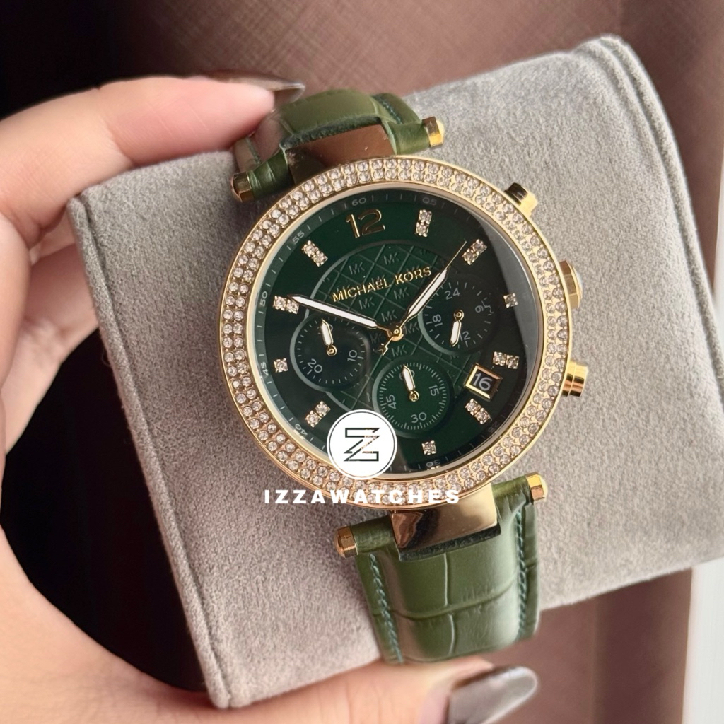 Jam Tangan Wanita MK6985 Chronograph Green Leather Strap