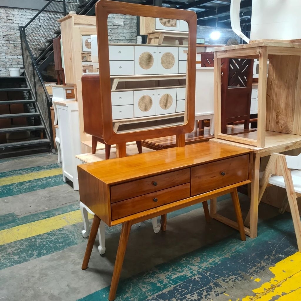 Meja rias minimalis modern kayu jati set kursi kecil