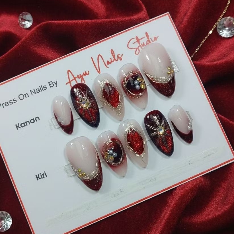 PRESS ON NAILS KUKU PALSU MERAH MAROON CAT EYE CHROME GOLD FREE TOOLKITS