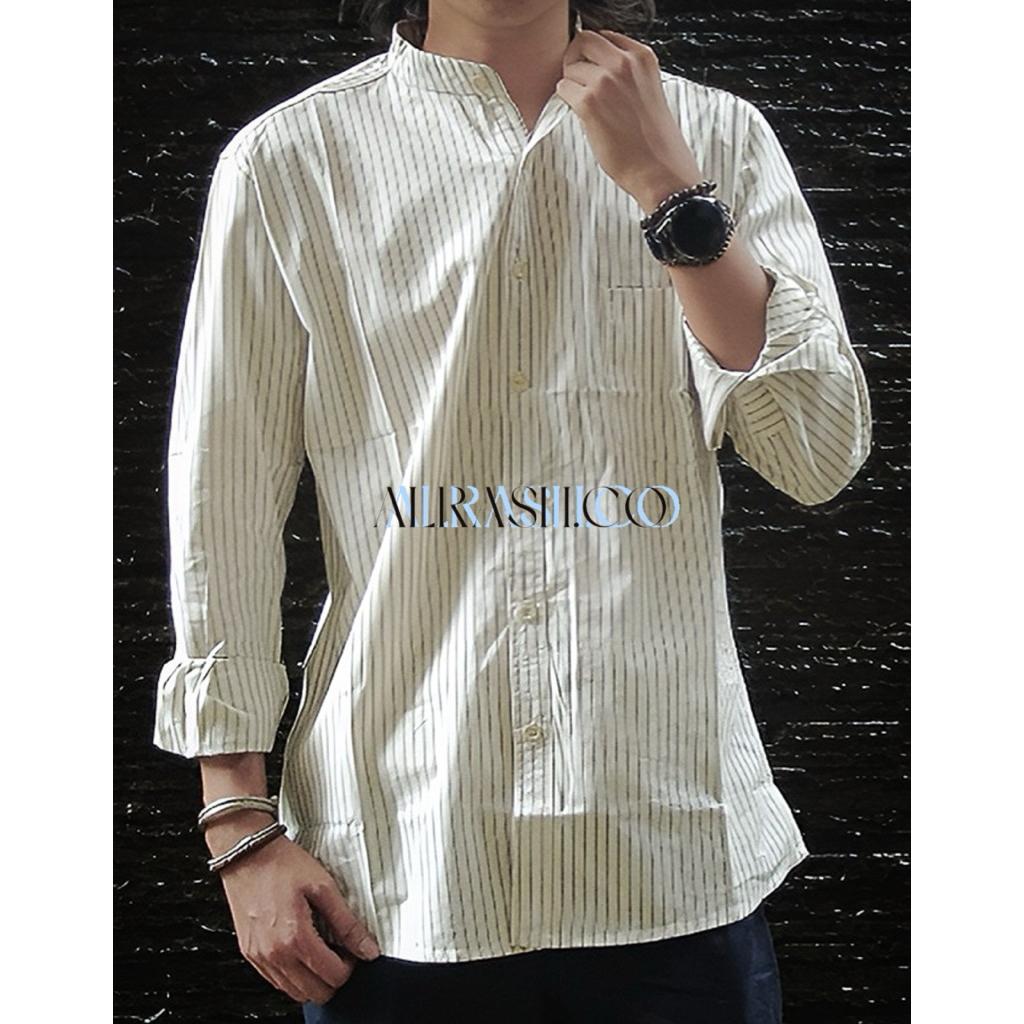 Kemeja Stripe Pria Shanghai Lengan Panjang/ Kemeja Pria Kerah shanghai lengan panjang
