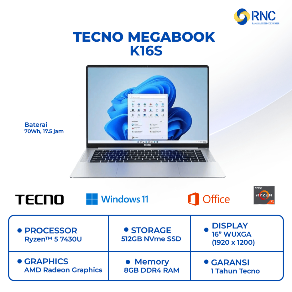 TECNO MEGABOOK K16S R5-7430 8GB/512GB WIN