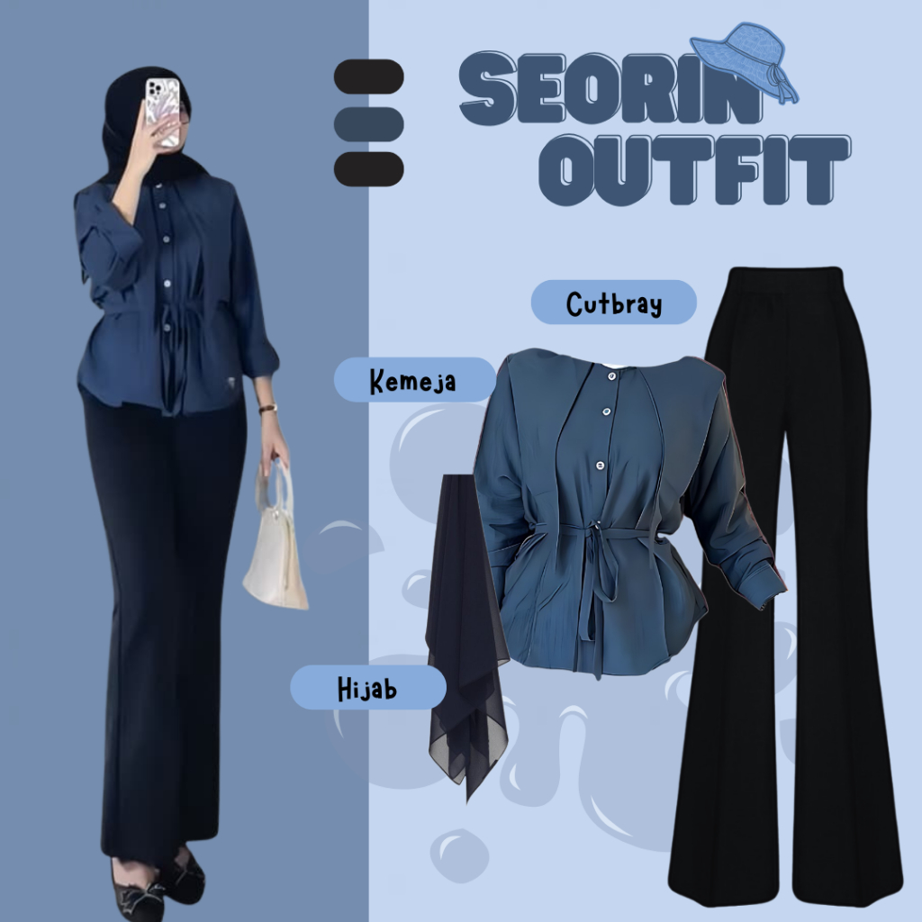 Baju Satu Set Wanita Korea Kekinian (Kemeja + Cutbray + Hijab Bella Square) One Set Hangout/Kerja - 