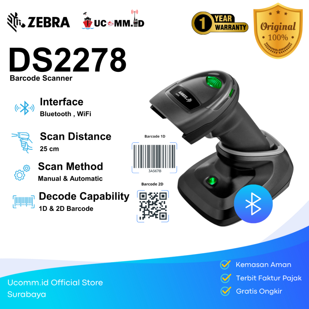 Zebra DS-2278 Bluetooth 2D Wireless Imager Barcode Qris Scanner DS2278
