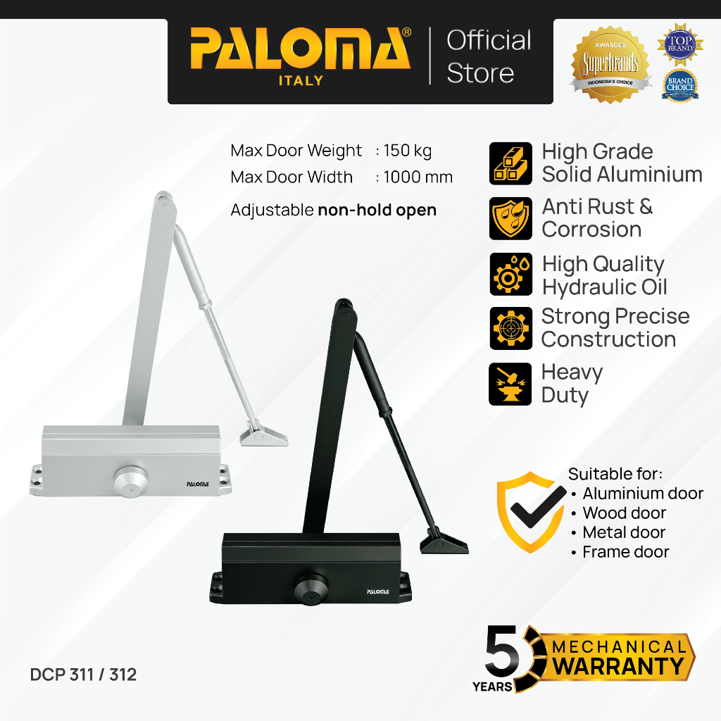 PALOMA Door Closer Penutup Penahan Pintu Otomatis Non Hold Open Hydraulic  Hidrolik Aluminium Silver