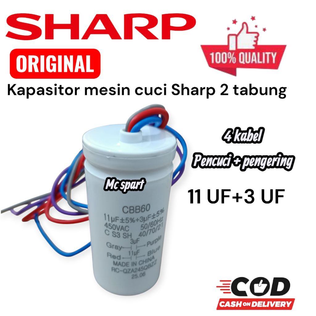 ORIGINAL KAPASITOR 11+3UF  MESIN CUCI SHARP  2 TABUNG 4 KABEL